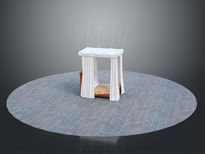 Outdoor Wooden Bed With White Canopy Curtains On Circular Brick Paved Ground 3d model