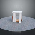 Outdoor Wooden Bed With White Canopy Curtains On Circular Brick Paved Ground
