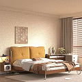 Double Bed With Yellow Upholstered Headboard Wooden Slat Mattress Nightstand Lamp Desk Mirror Decor