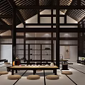 Traditional Serene Teahouse Interior Design With Wooden Furniture And Tea Sets