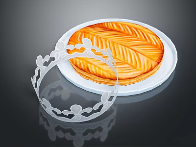 Orange Feather Patterned Pie With Delicate Transparent Crown Shaped Decoration On White Plate 3d model