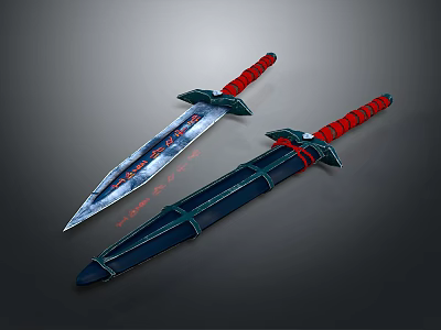 Detailed Decorative Swords With Red Handles And Blue Blades 3d model