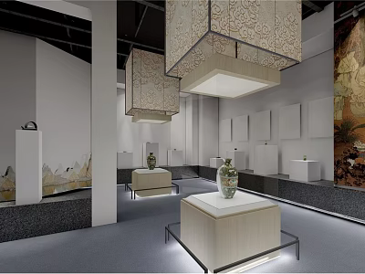 Cultural Center Interior Design With Artwork Exhibits Display Stands And Decorative Pendants 3d model