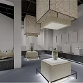 Cultural Center Interior Design With Artwork Exhibits Display Stands And Decorative Pendants