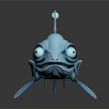 Blue Cartoon Fish with Big Eyes Sharp Teeth Fins and Lure