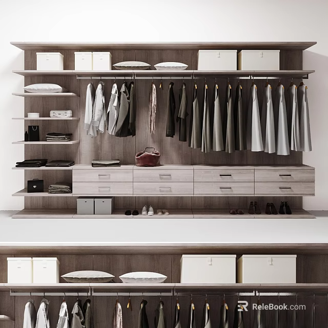 Organized Walk in Closet Interior With Hanging Clothes Shelves Drawers And Shoes 3d model 
