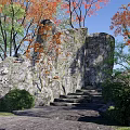 Traditional Garden Landscape With Stone Steps Orange Leaf Trees Green Bushes And Natural Rocks