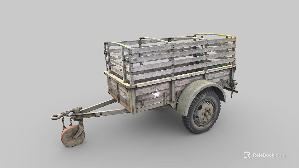 Vintage Wooden Trailer With Metal Frame Rustic Wheels And Hitch 3d model 