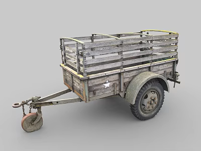 Vintage Wooden Trailer With Metal Frame Rustic Wheels And Hitch 3d model