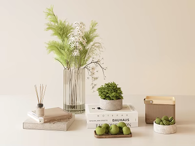 Minimalist Decorative Ornament Set With Vase Ferns Stacked Books Wooden Box Ceramic Tray And Limes 3d model