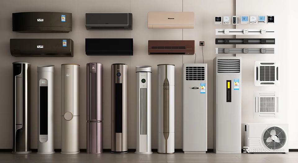 Different Types of Air Conditioners and Fans Including Wall Mounted and Floor Standing Models 3d model 