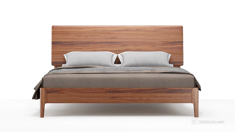 Modern Walnut Wooden Double Bed With Gray Pillows And Simple Design 3d model 