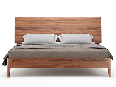 Modern Walnut Wooden Double Bed With Gray Pillows And Simple Design 3d model