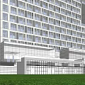 Modern Office Building Exterior With Glass Facade And Vertical White Stripes