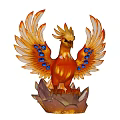 Golden Red Phoenix Statue With Blue Gemstones On Wings And Crystal Base