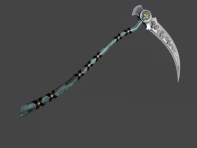 Ornate Scythe Weapon With Long Curved Blade Intricate Handle Design And Decorative Carvings 3d model