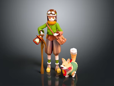 Man in Green Outfit With Helmet Goggles Cane Brown Bag and Corgi With Ice Cream 3d model