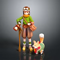 Man in Green Outfit With Helmet Goggles Cane Brown Bag and Corgi With Ice Cream