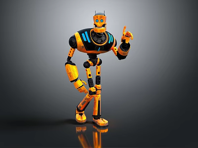 Game Movie Robot Character With Yellow Black Mechanical Design Blue Accents Standing Pointing Finger 3d model