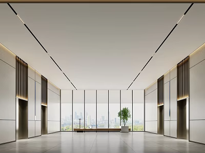 Modern Minimalist Elevator Lobby Interior With Floor To Ceiling Windows City View And Green Plant 3d model