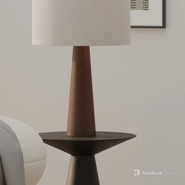 Modern Table Lamp Featuring Wooden Conical Base And Light Fabric Shade On Side Table 3d model 