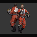 Two Male Game Movie Characters in Red Spacesuits Holding Helmets Against Gray Background