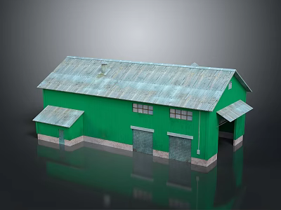 Exterior View Of Green Warehouse With Double Garage Doors And Metal Roof 3d model
