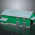 Exterior View Of Green Warehouse With Double Garage Doors And Metal Roof