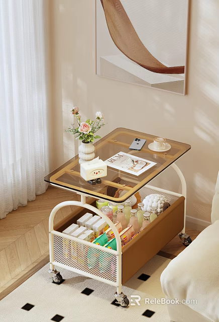 Cozy Living Room Coffee Table With Glass Top Storage Snacks Drinks And Decorations 3d model 