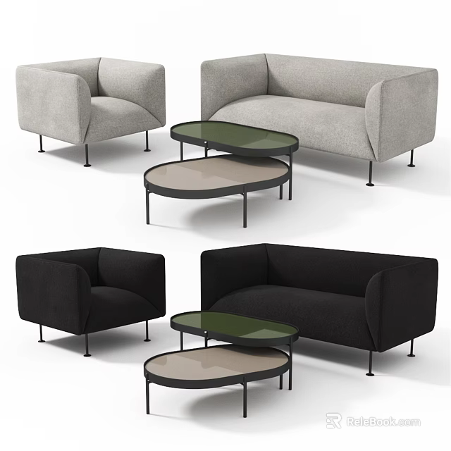 Modern Sofa and Coffee Table Set with Armchair and Round Coffee Tables 3d model