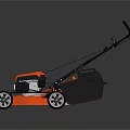 Orange Hand Push Lawn Mower With Black Handle And White Wheels Standing On Dark Background