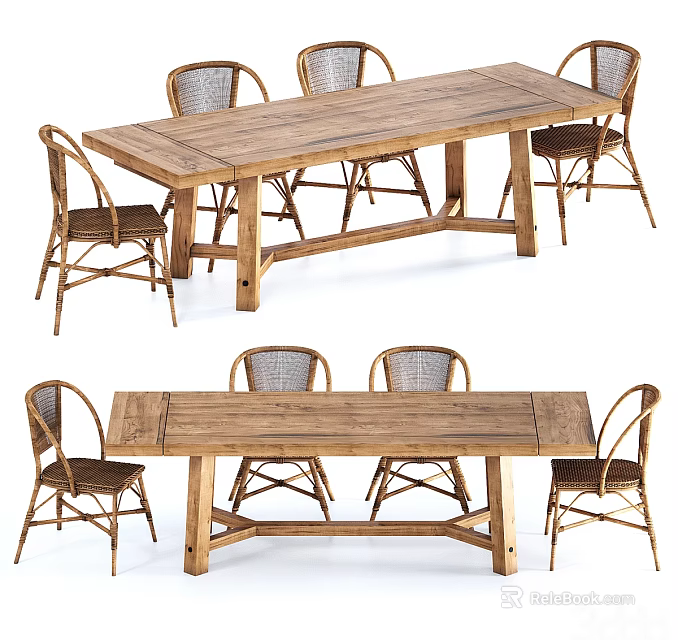 Wooden Outdoor Table Set With Six Rattan Chairs For Garden Dining Use 3d model 