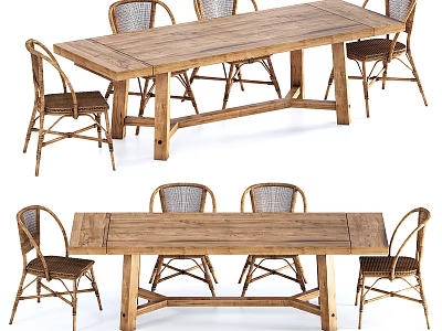 Wooden Outdoor Table Set With Six Rattan Chairs For Garden Dining Use 3d model