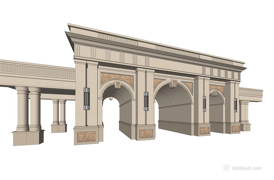 Symmetrical Classical Stone Entrance Gate With Arched Openings Ornamental Columns And Decorative Details 3d model 