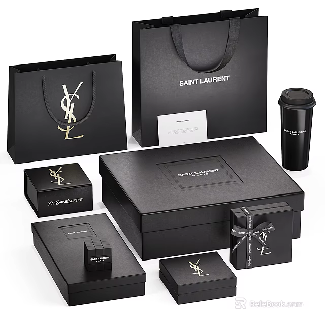 Black YSL Saint Laurent Luxury Bags And Boxes With Branded Gift Packaging Design 3d model 
