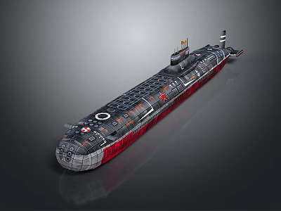 Military Submarine Water Vehicle Featuring Red Black Hull Circular Emblem And Command Tower 3d model