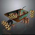 Rusted Turquoise Wheelbarrow Decorative Arrangement With Clay Pots Bagel Bunches And Small Clay Vessels