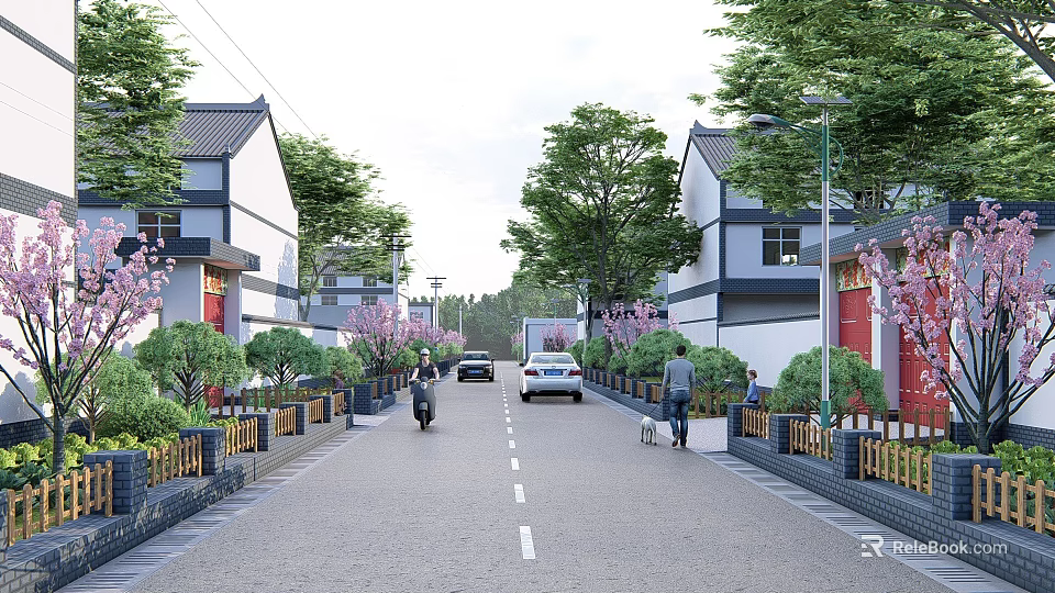 Rural Road Infrastructure With Street Lamps Green Belts Fences Residential Buildings Vehicles And Pedestrians 3d model 
