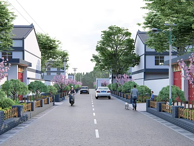Rural Road Infrastructure With Street Lamps Green Belts Fences Residential Buildings Vehicles And Pedestrians 3d model