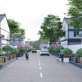 Rural Road Infrastructure With Street Lamps Green Belts Fences Residential Buildings Vehicles And Pedestrians