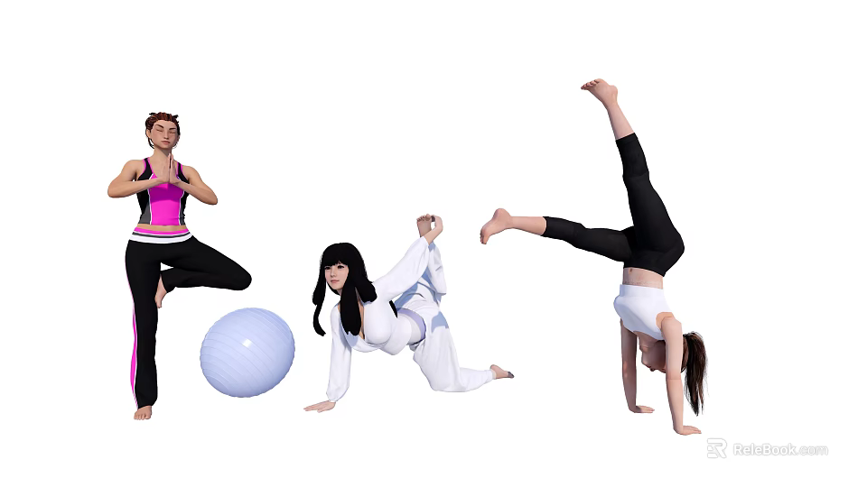 Multiple Women Doing Various Exercises With Yoga Ball And Poses 3d model 