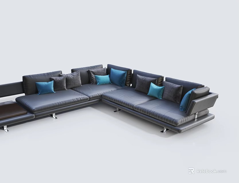 Modern Dark Leather Sectional Sofa With Blue Gray Accent Cushions Corner Design 3d model