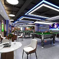 Modern Billiard Room Interior With Green Felt Table Blue Lighting Bar Counter And Comfortable Sofa