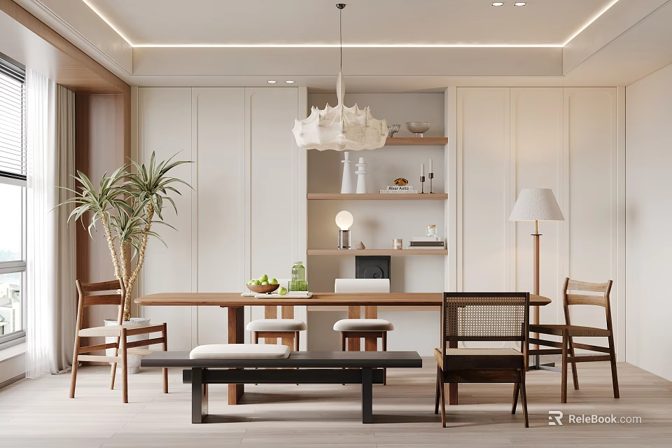 Modern Open Restaurant Interior With Wooden Dining Table Hanging Chandelier And Potted Plant 3d model 