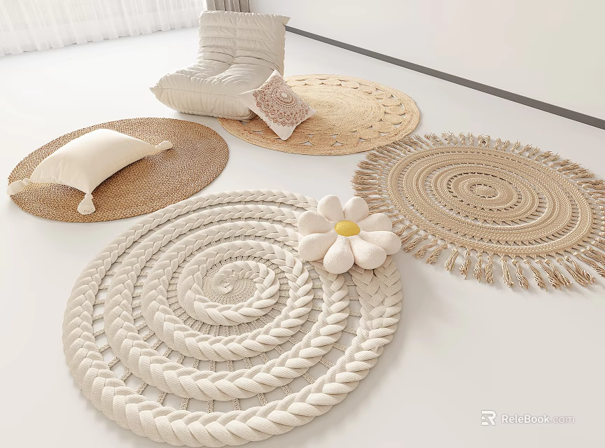 Chic Round Rugs With Woven Textures And Pillows In Bright Interior 3d model 