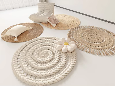 Chic Round Rugs With Woven Textures And Pillows In Bright Interior 3d model