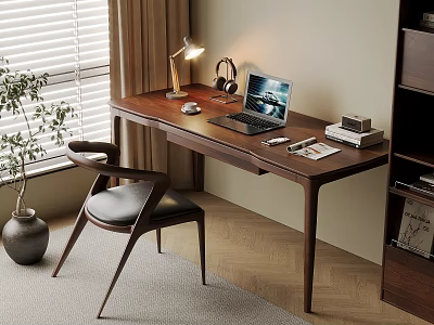 Modern Wooden Desk By Window With Laptop Headphones Lamp Books And Chair 3d model