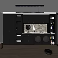 Modern Functional Home Balcony with Dark Cabinetry Washing Machine Dryer Sink Shelves and Robot Vacuum