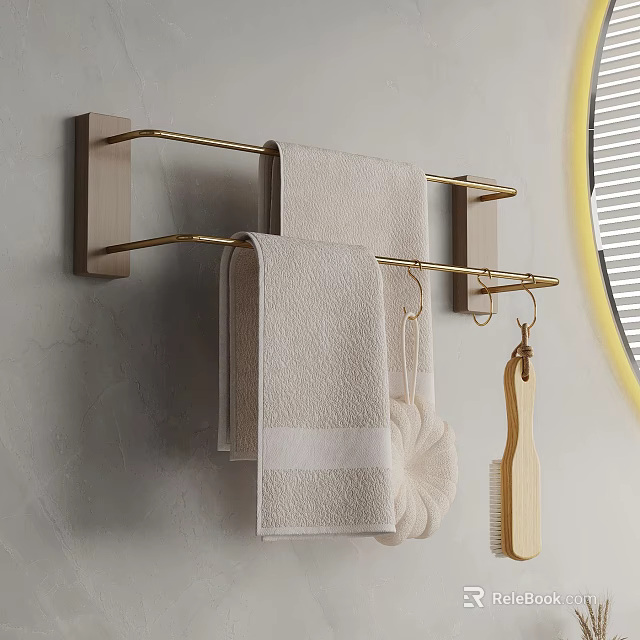 Wall Mounted Gold Towel Rack With Hanging Towels Loofah And Wooden Brush 3d model 