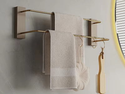 Wall Mounted Gold Towel Rack With Hanging Towels Loofah And Wooden Brush 3d model